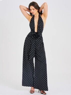 Polka Dot Open Back Halter Neck Jumpsuit